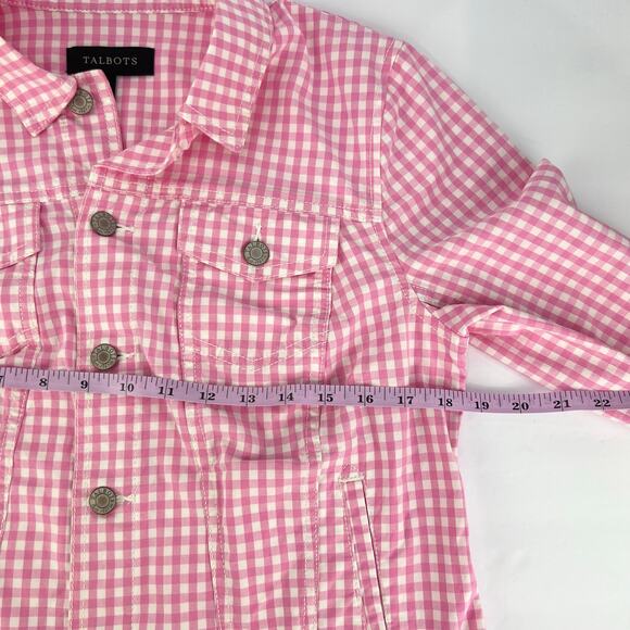 Talbots Medium Womens Gingham Pink White Stretch Cotton Button Front Jean Jacket - Picture 11 of 12